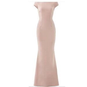 Katie May Blush Pink Boat Neck Low back Bow Full Length Designer Formal Gown